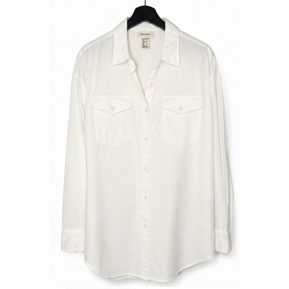 Ariat Womens White Seersucker Button Down Shirt Long Sleeve Pockets Small